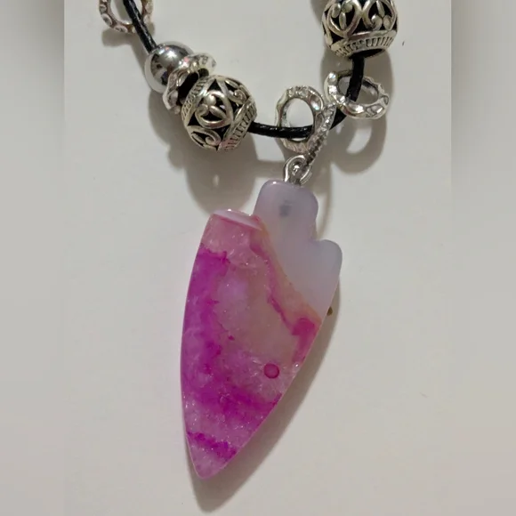 Handmade White & Pink Druzy Arrowhead Silver Beaded Necklace - Picture 4 of 14